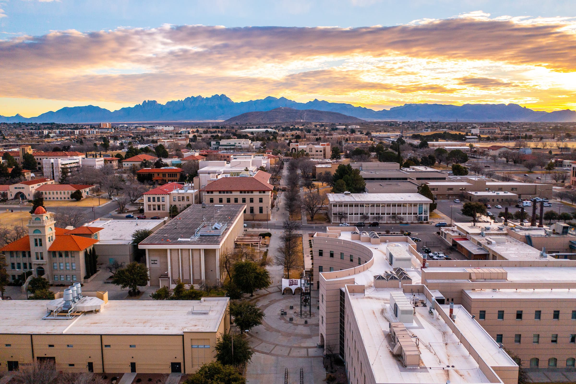 NMSU Engineering Complex with A-Mountain at golden hour